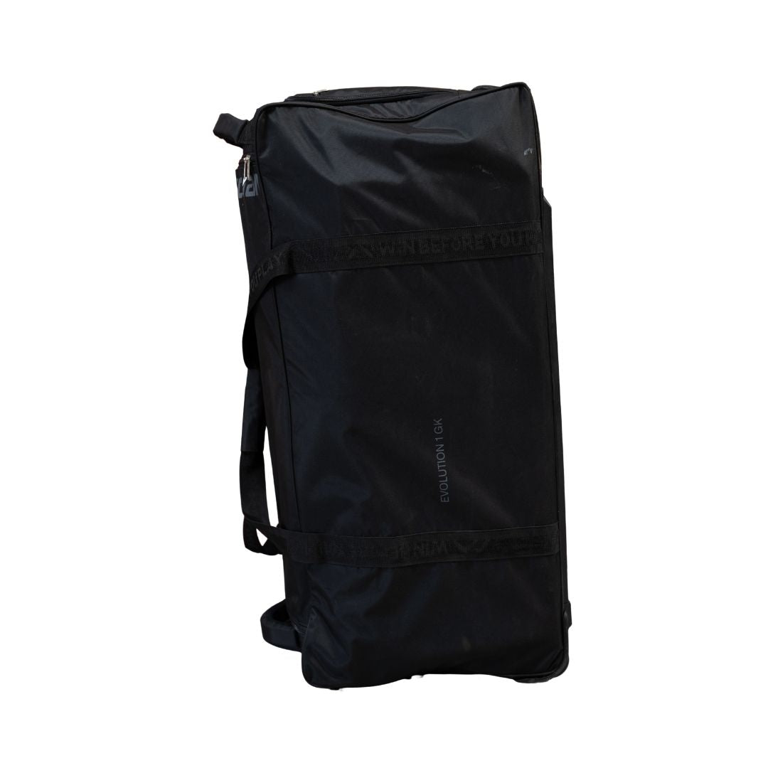 Mercian HOEV126GKBLK black goalkeeper hockey wheel bag side view with Evolution 1 GK branding and reinforced carry straps