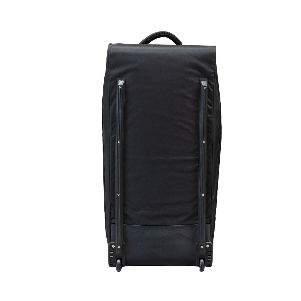 Mercian Genesis 2 goalkeeping wheelie bag rear wheel system view in black