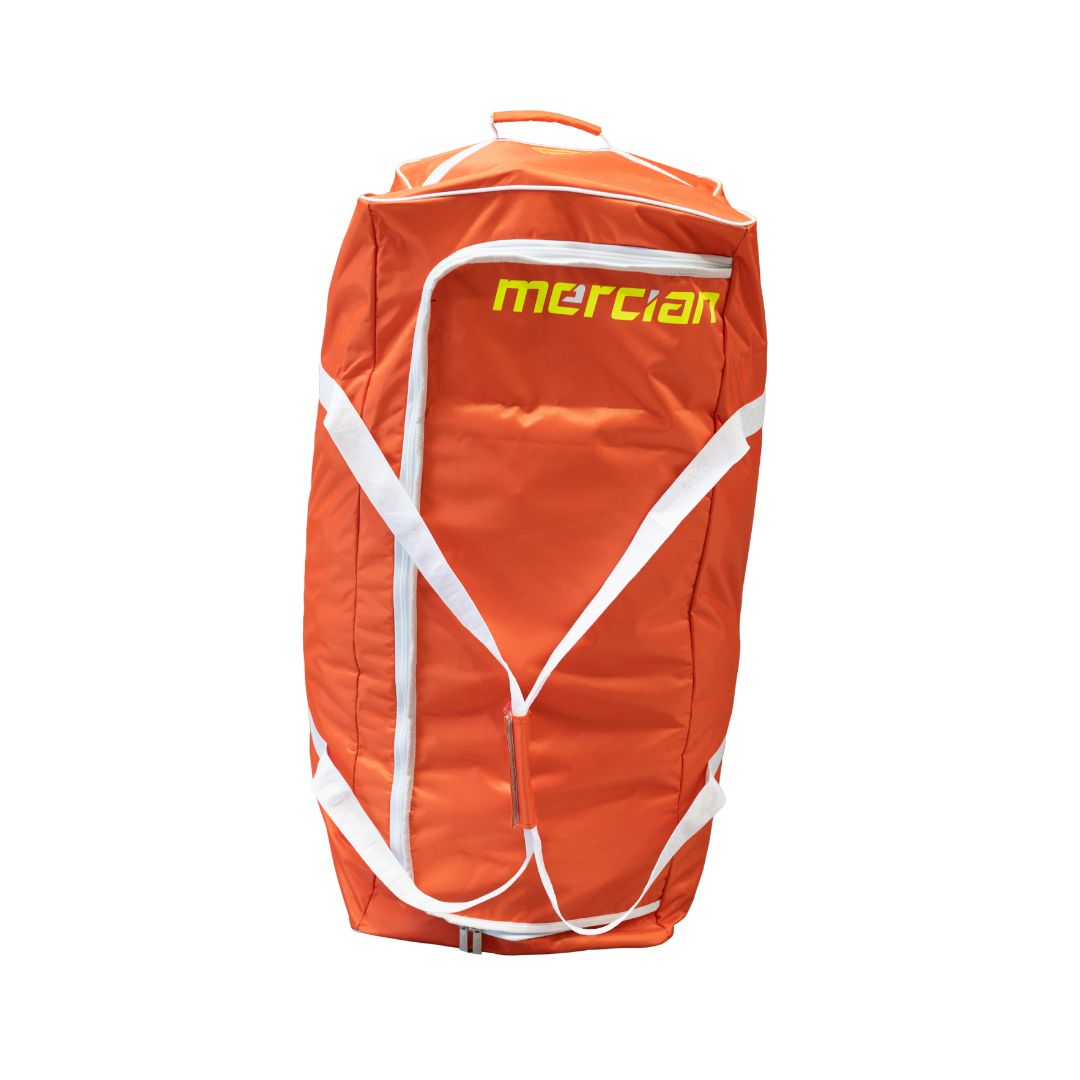 Mercian HOGE226GKORG orange wheeled goalkeeper hockey bag front view with oversized vertical zip opening and Mercian branding.