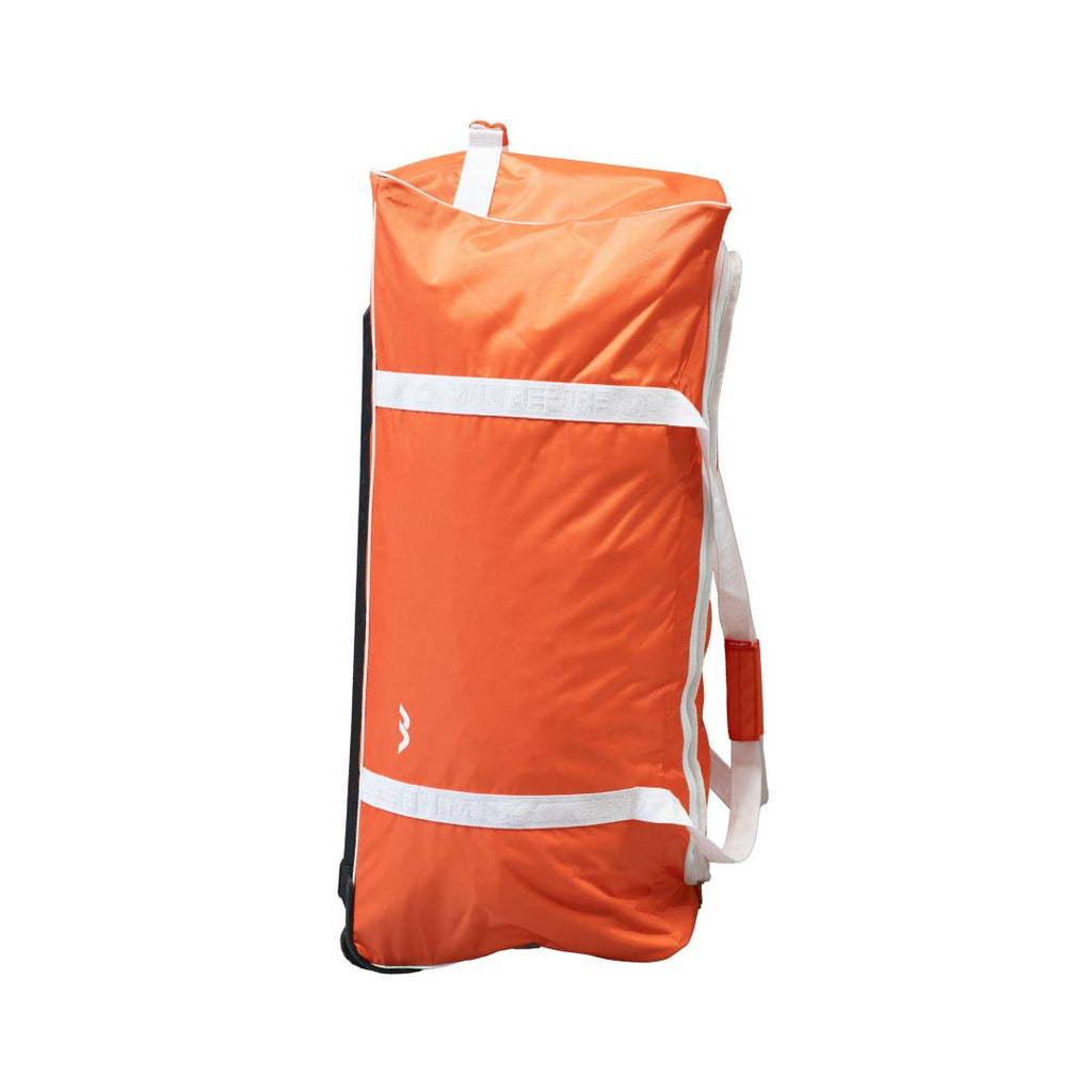 Mercian HOGE126GK orange goalkeeper hockey backpack rear view with padded mesh back panel and adjustable shoulder straps.